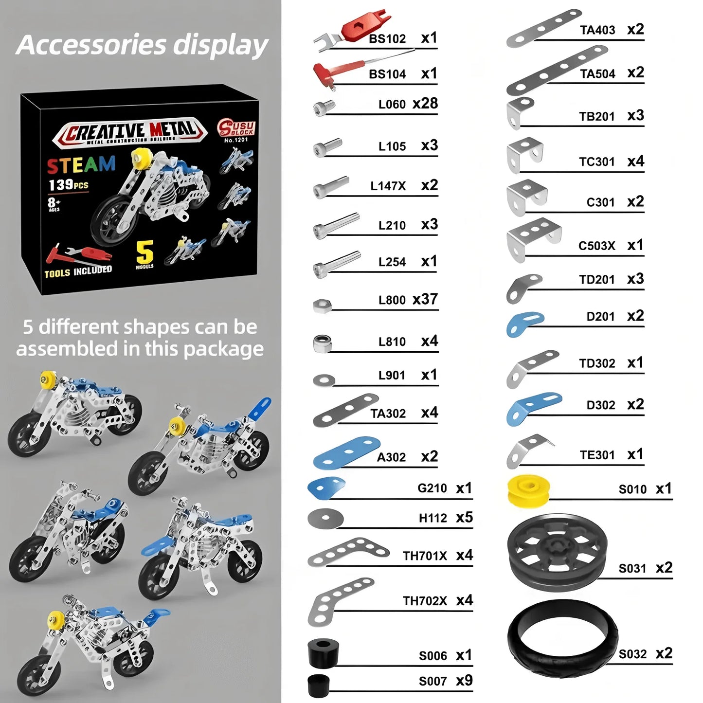 5-in-1 Metal Motorcycle Building Kit for Kids