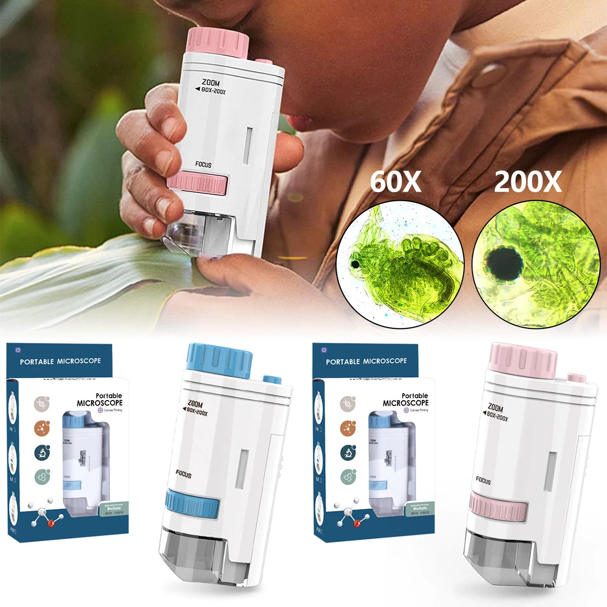 Kids Pocket Microscope with LED Light (60-200x)
